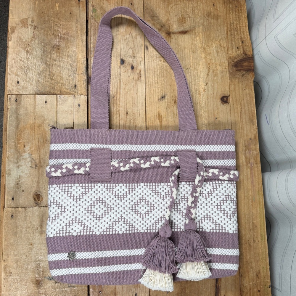 Te Amo Mexico Hand Woven Tote Bag Mauve Dusty Purple Geo Diamond Tassel